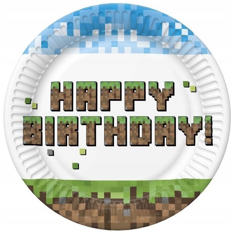 Talerzyki Papierowe PIXELE Gra Piksele Happy Birthday Urodziny 18cm 8szt.