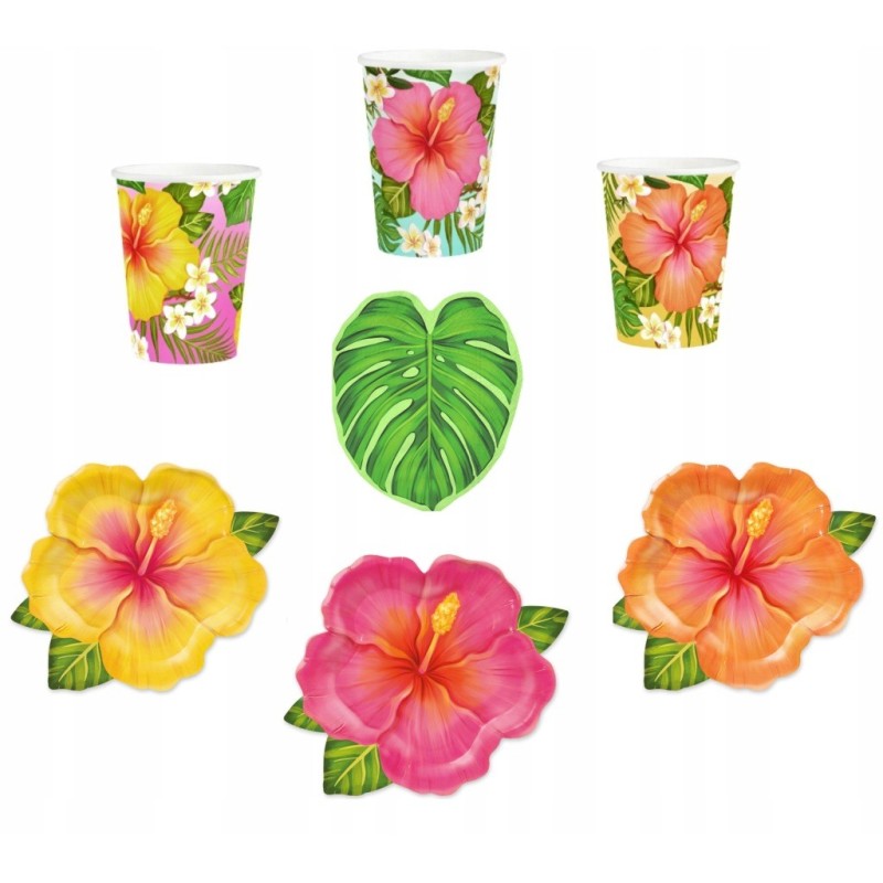 Zestaw Tropikalne kwiaty Aloha Hawaje Summer Lato Kubki Serwetki Talerzyki