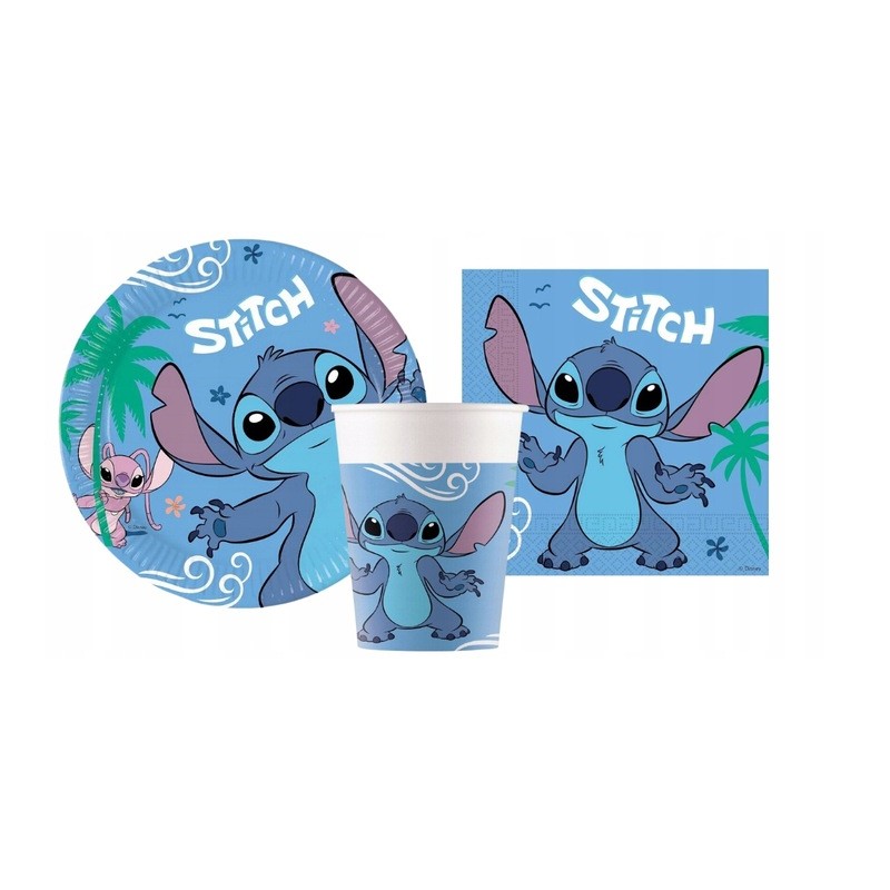 Zestaw Talerzyki Kubeczki Serwetki papierowe Stitch & Angel Urodziny