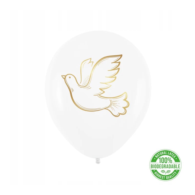 Balony komunijne biodegradowalne Gołąb biało-złote 30cm - 10 szt komunia