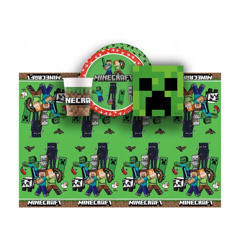 Zestaw kubeczki talerzyki serwetki obrus 37szt Minecraft Urodziny
