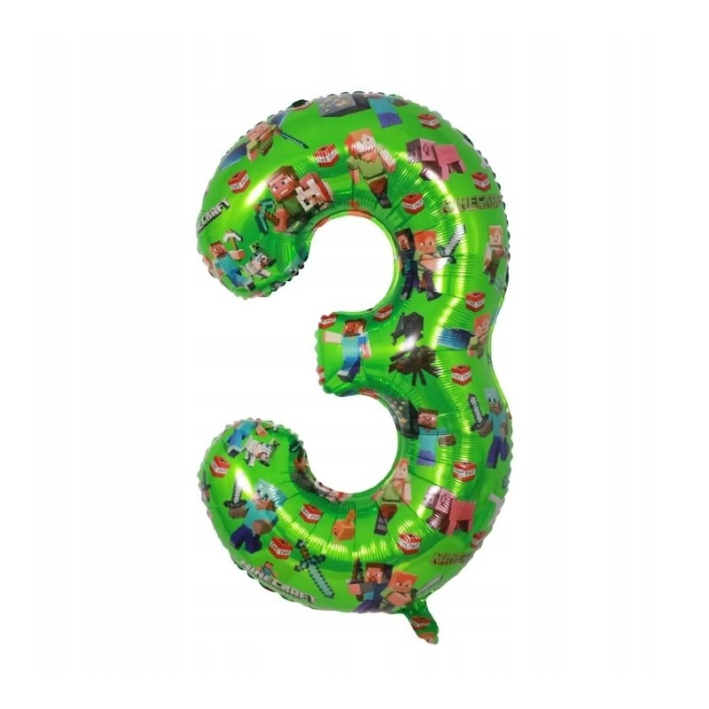 Balon 3 Urodziny Cyfra Jeden Foliowy Zielony 100 cm Minecraft Piksele