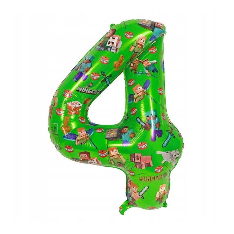 Balon 4 Urodziny Cyfra Jeden Foliowy Zielony 100 cm Minecraft Piksele
