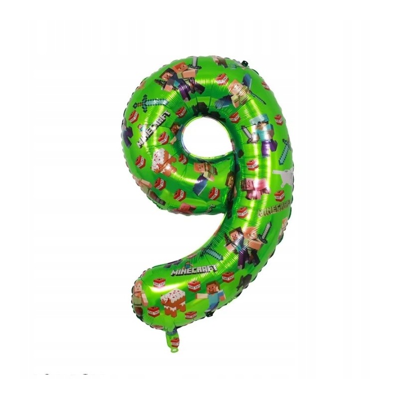 Balon 9 Urodziny Cyfra Jeden Foliowy Zielony 100 cm Minecraft Piksele