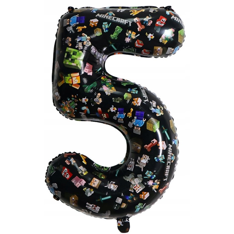Balon foliowy cyfra 5 czarny – Piksele (80 cm) dla fana gier Minecraft