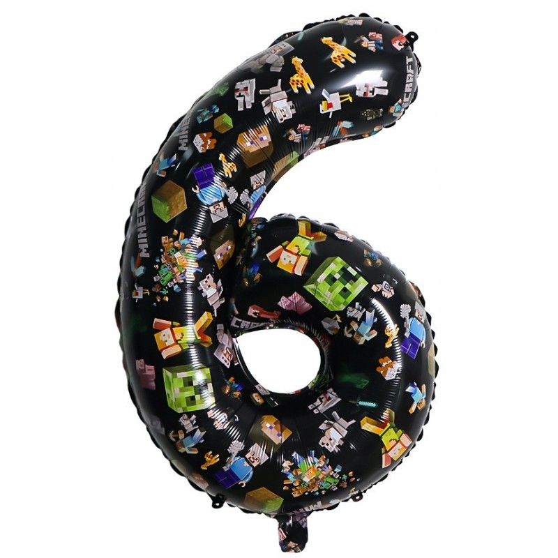 Balon foliowy cyfra 6 czarny – Piksele (80 cm) dla fana gier Minecraft