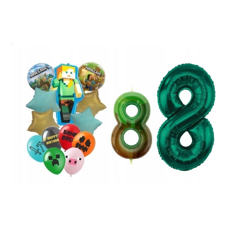 Zestaw 8 urodziny Piksele Balony Foliowe i Gumowe Minecraft