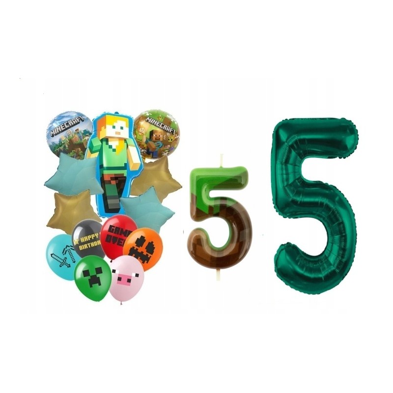 Zestaw 5 urodziny Piksele Balony Foliowe i Gumowe Minecraft