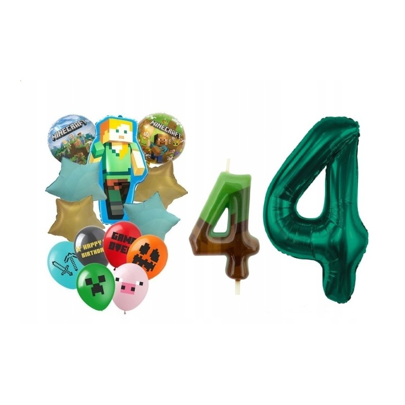 Zestaw 4 urodziny Piksele Balony Foliowe i Gumowe Minecraft