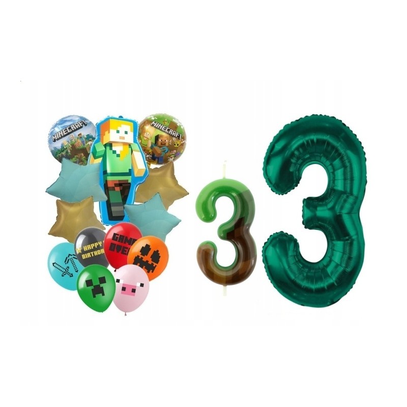 Zestaw 3 urodziny Piksele Balony Foliowe i Gumowe Minecraft