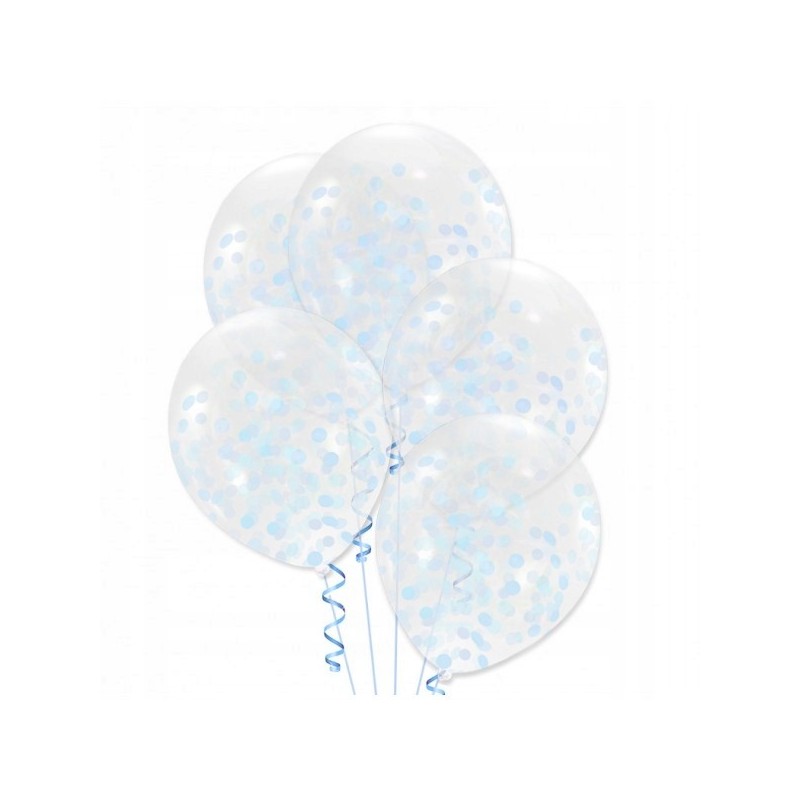 Balon przezroczysty konfetti j. niebieskie 5 sztuk